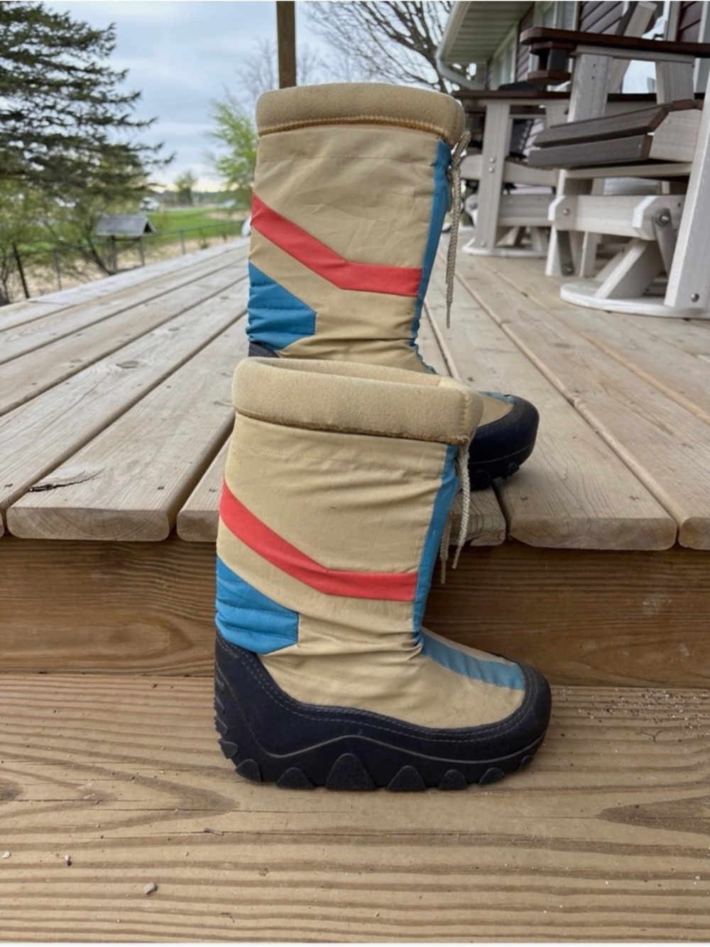 Kids Tall Winter Boots in Tan with Blue & Red Accents